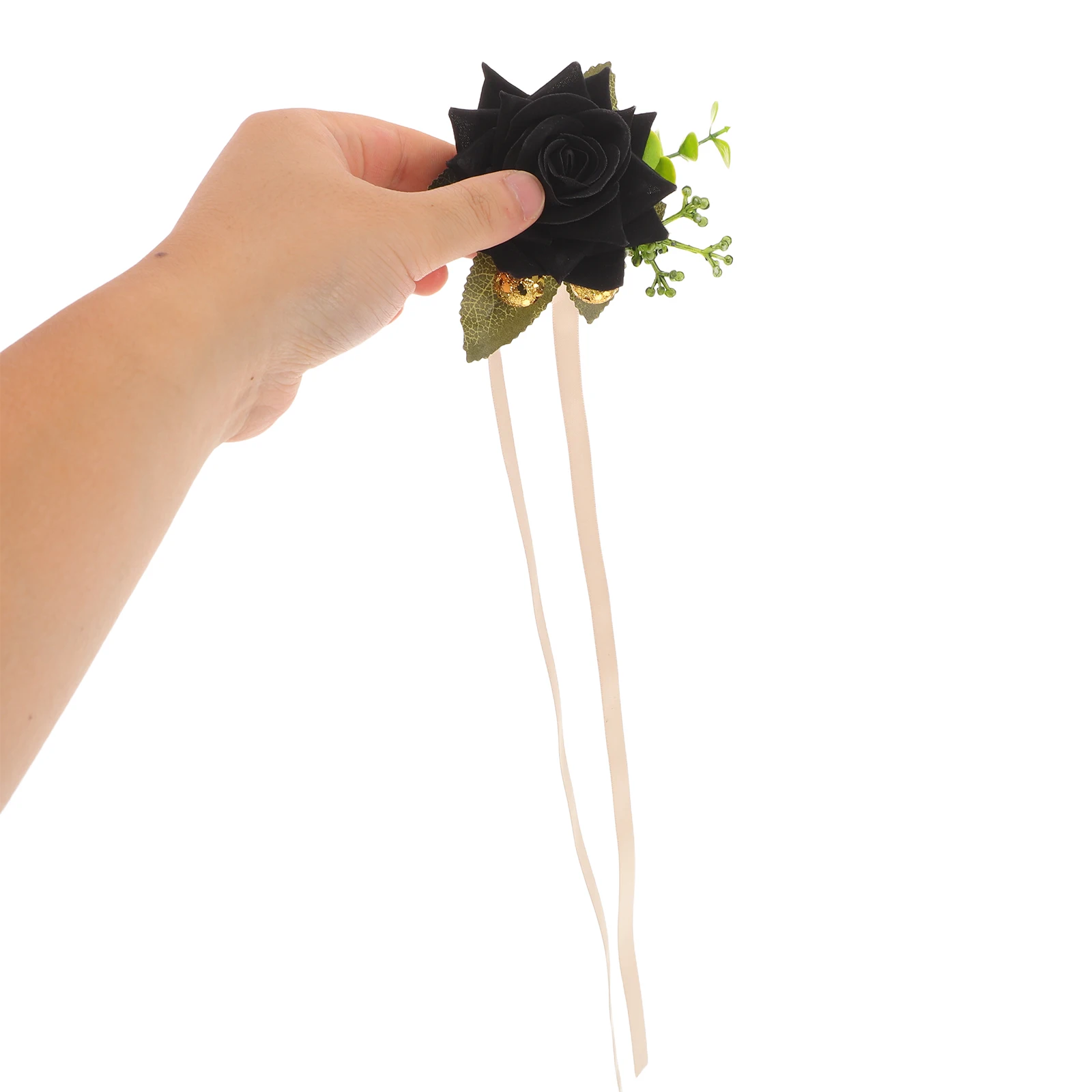 

2Sets Black Rose Corsage Boutonniere Set Gothic Wedding Wristband Artificial Flowers for Groomsmen Bride Bridesmaid Prom Dinner