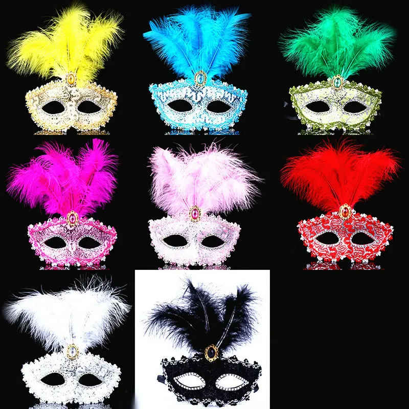 Masquerade Mask on Stick Mardi Gras Costume Eyemask Printing Halloween Carnival Hand Held Stick Feathers Party Mask