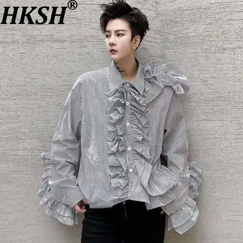 HKSH Spring Summer New Men Tide Ruffled Long-Sleeve Shirt Loose Fit Dropped Shoulder Striped Unique Trendy Shirt Top Ins HK22362