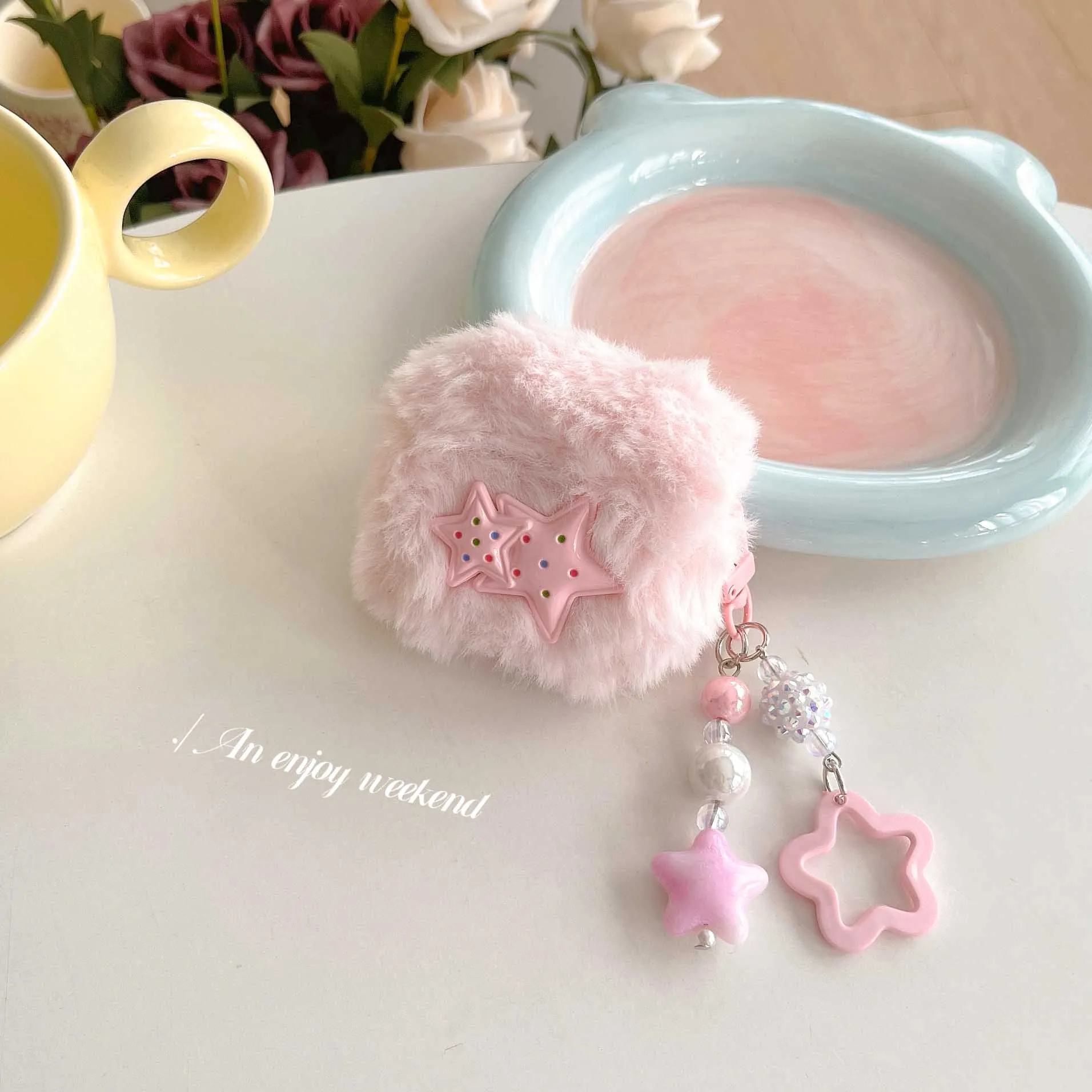 Pink cute stars ins hair plush earphone cas for apple airpods 1 2 pro 3 pro2nd 3d five-pointed star barcelet protector fundas image 4