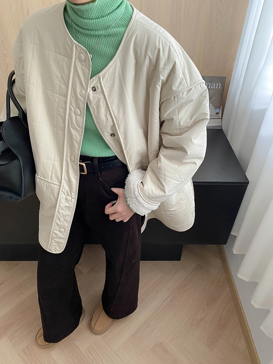 FANAN 厚手暖かい綿コート女性のためのラウンドネックシングルブレストカジュアルルーズミニマリズム多用途ジャケット 2025 冬新