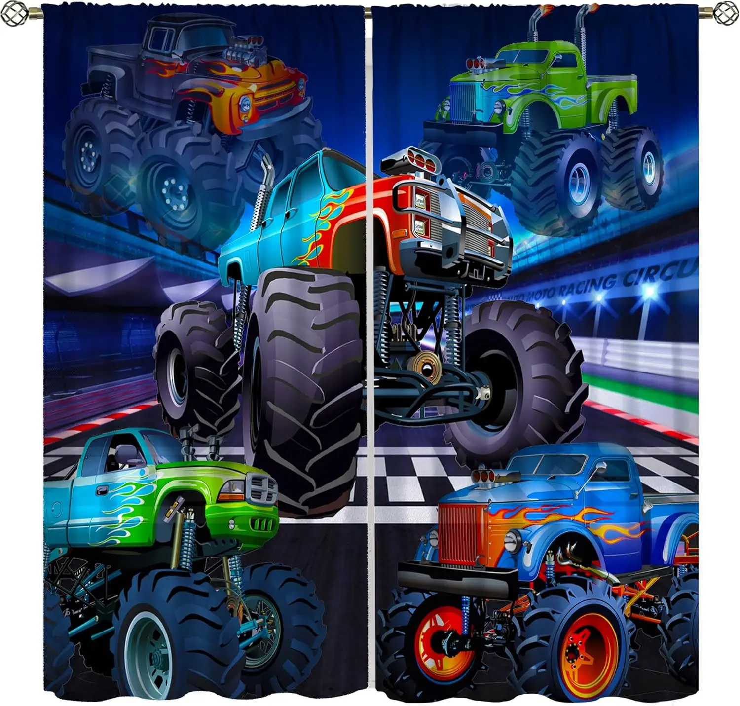 Monster Truck Curtains, Modern Cartoon Track Tractor Flame Big Tire Monster Sasquatch Car Windows Treatments Drapes for Kids