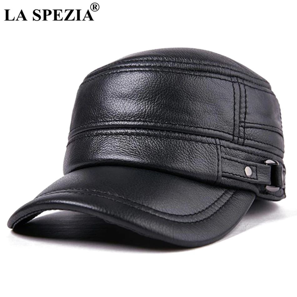 LA SPEZIA Autumn Winter Cap Men Army Military Hat Genuine Cowskin Leather Black Leather Hat Male Vintage High Quality Dad Caps