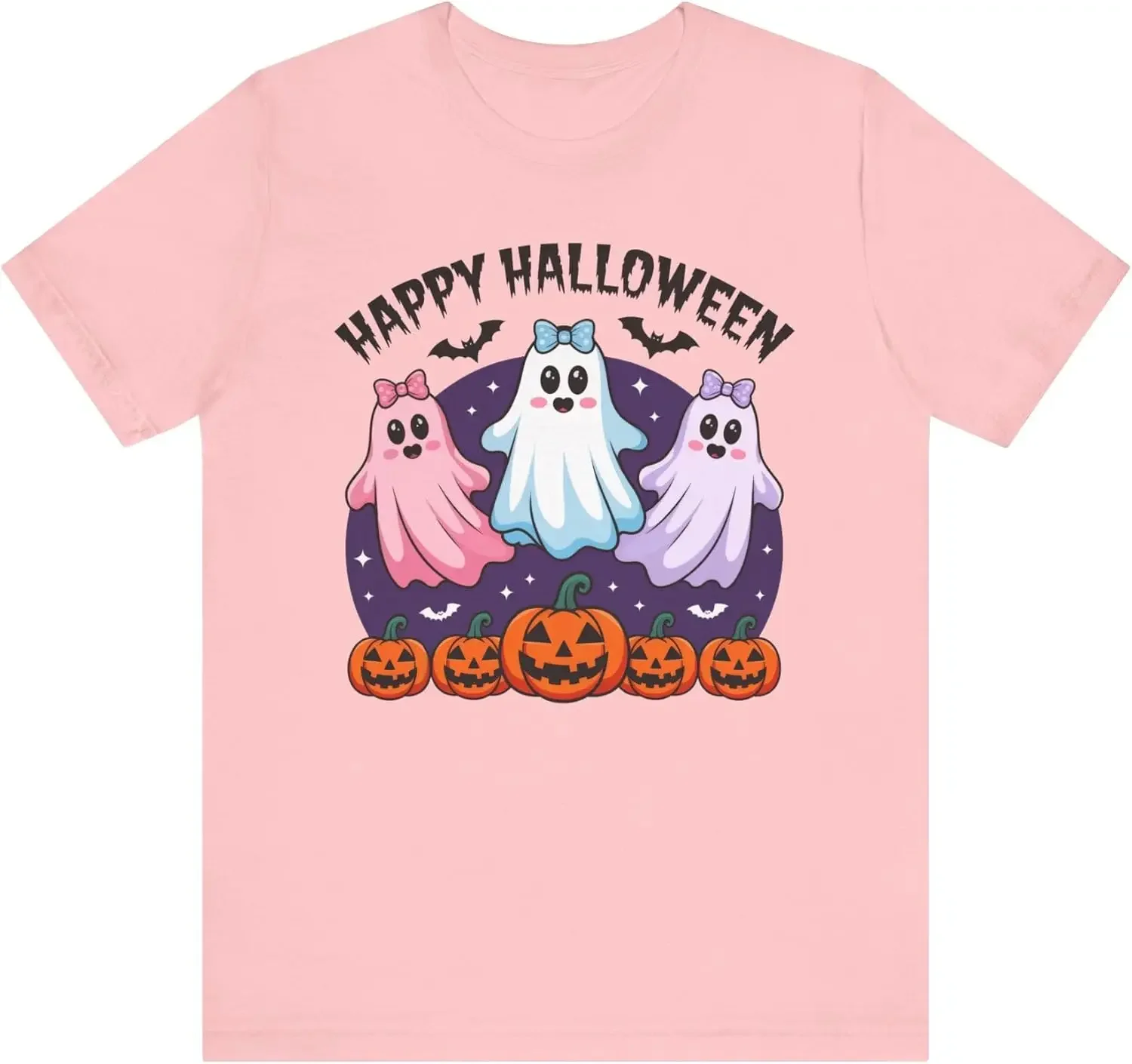 Ghost Trio Halloween Tee, Spooky Adorable Pastel Ghosts & Pumpkins, Coquette Hair Bows, Bats, Adorable Shirt