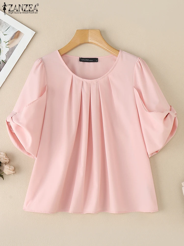ZANZEA Frauen Elegante Gefaltete Blusen 2025, Sommer Oansatz Halbe Hülse Casual Blusas de Mujer Einfarbig Pendeln Tops Streetwear