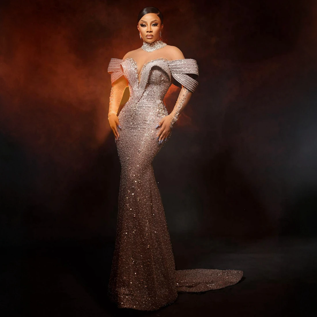 

for Black Women Birthday Party Dress Guest Gowns AM332 Plus Size Aso Ebi Prom Dresses Mermaid Long Sleeves High Neck Rhinestone