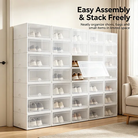 20-Pack Shoe Storage Boxes Transparent Stackable, Plastic Foldable Shoe Organizer Set with Ventilation Holes, Space-Saving for Closet Entryway, Fits Men & Women Shoes, White