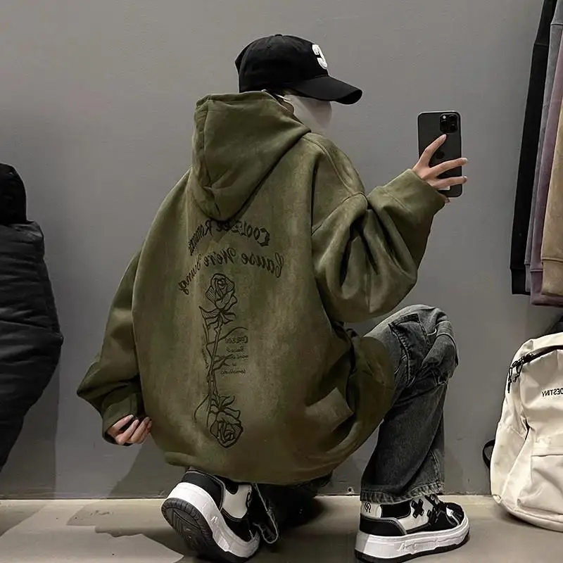 Retro Suede Hoodie Sweatshirt Men's Loose Outerwear for Couples Autumn Winter Trendy Brand Heavyweight Casual Coat