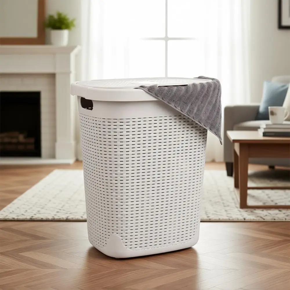 

Элегантная пластиковая корзина для белья в стиле плетеной мебели, 50 л, с крышкой, цвет слоновой кости