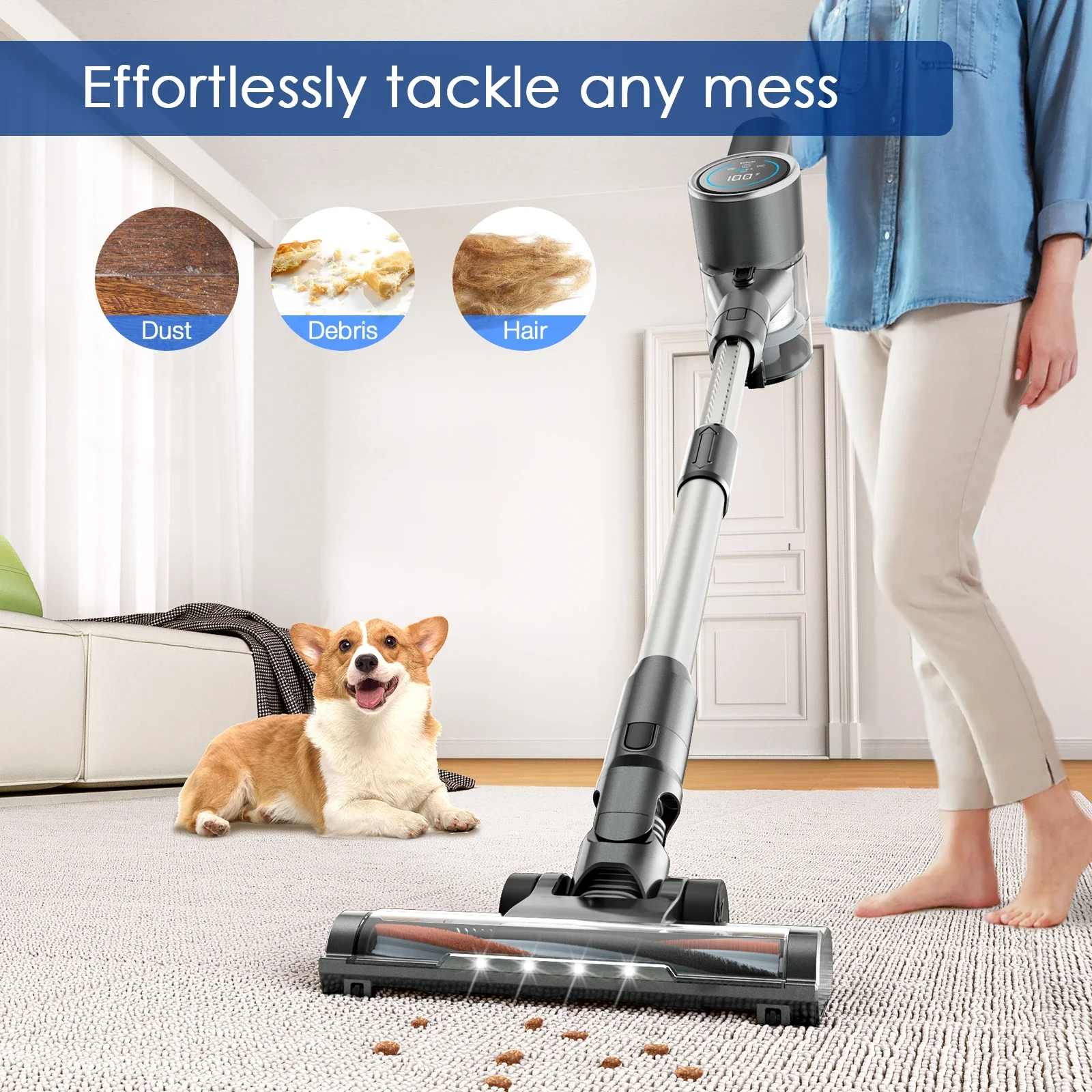 450W 33Kpa Cordless Stick Vacuum Cleaner with LED Display Brushless Motor 100min Runtime for Pet Hair Carpet Floor