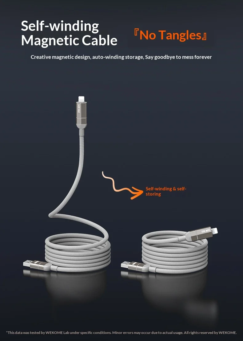 WEKOME WDC-48 240W 4-in-1 Magnetic Fast Charging Cable, USB/Type-C to IPhone/Type-C Self-winding Storage 1m