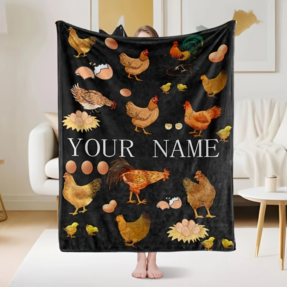 1pc Custom Chicken Pattern Personalized Name Throw Blanket Vintage Style Flannel All Seasons Multipurpose Animal Theme Bedding