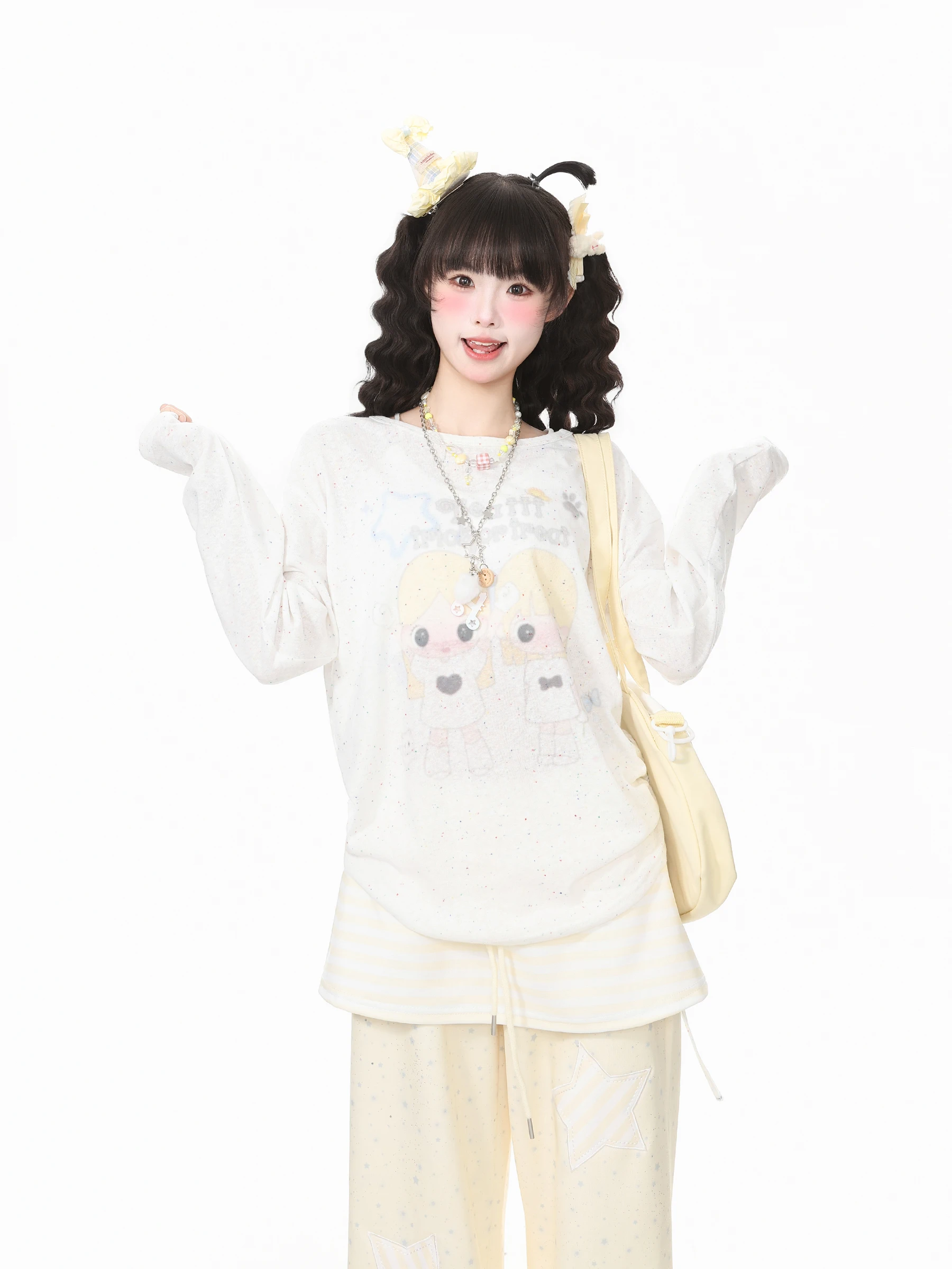 Languid Park Blue Ghost Long Sleeve Waist Drawstring T-Shirt Women Summer Cute Short Top Cotton Polyester Blend round Neck