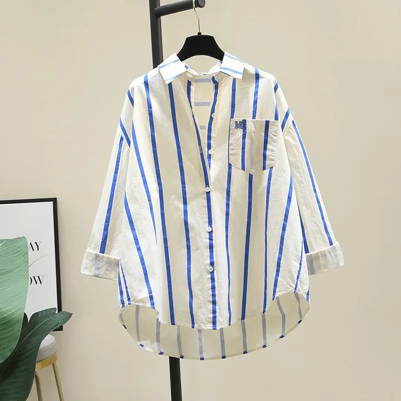 Summer Women\'s 2024 New Patchwork Turn-down Collar Button Striped Pocket Fashion Loose Minimalist Casual Long Sleeved Shirts