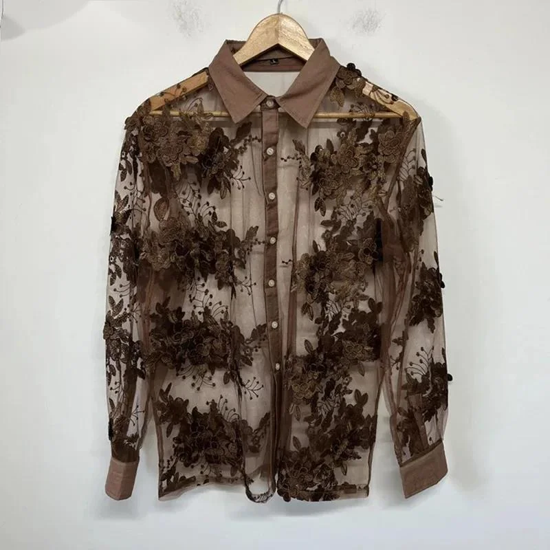 Fashion Men Shirts Embroidery Mesh See-through Layered Design Long Sleeve Turn-down Collar Single-breasted Shirt SWR3