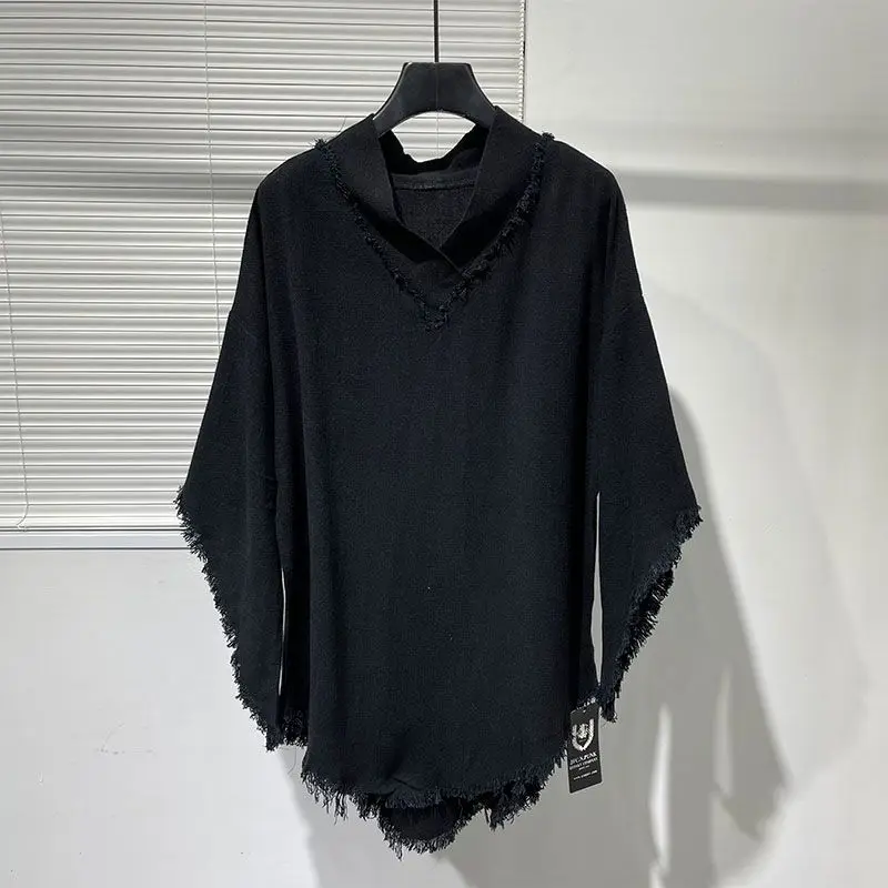 Autumn Men V Neck Batwing Sleeve T Shirt Fashion Chic Personality Irregular Deckle Edge 2xl Oversized Clothes Dark Black Cosplay