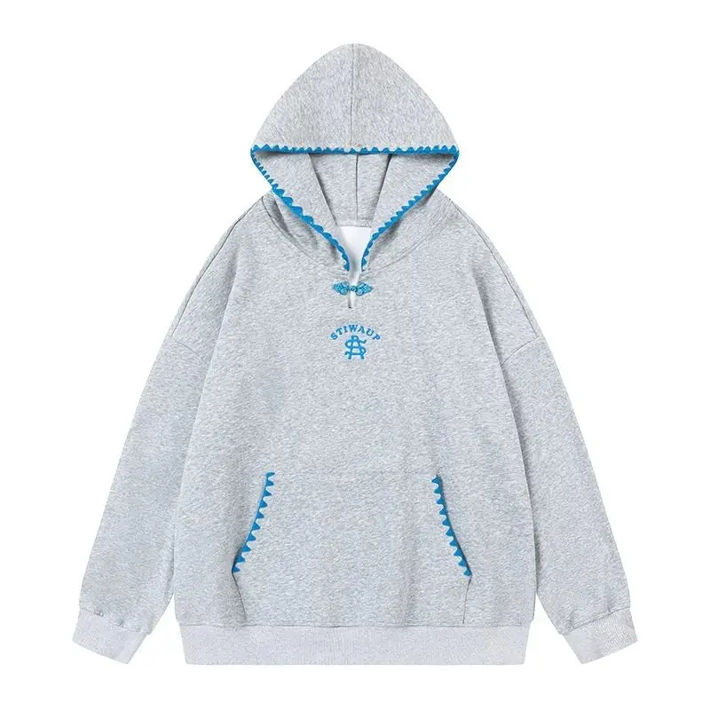 New design sense of Chinese plate buckle hooded sweatshirt autumn  pounds fat mm loose design sense of lace hoodie y2k ins emo