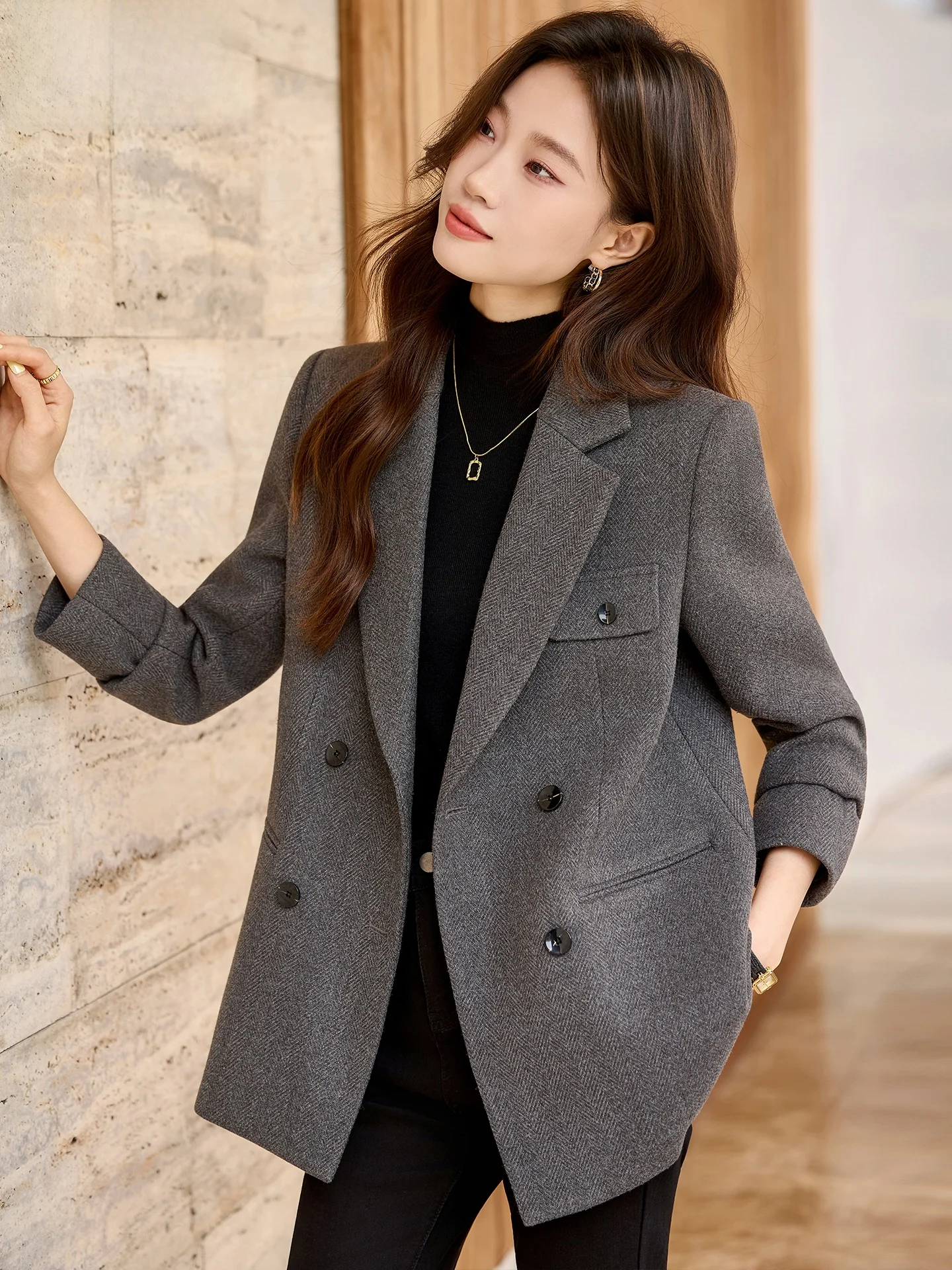 Gray Suit Jacket Women's Autumn Winter Loose Casual Korean Style Premium Feel All Match Leisure West Clothing