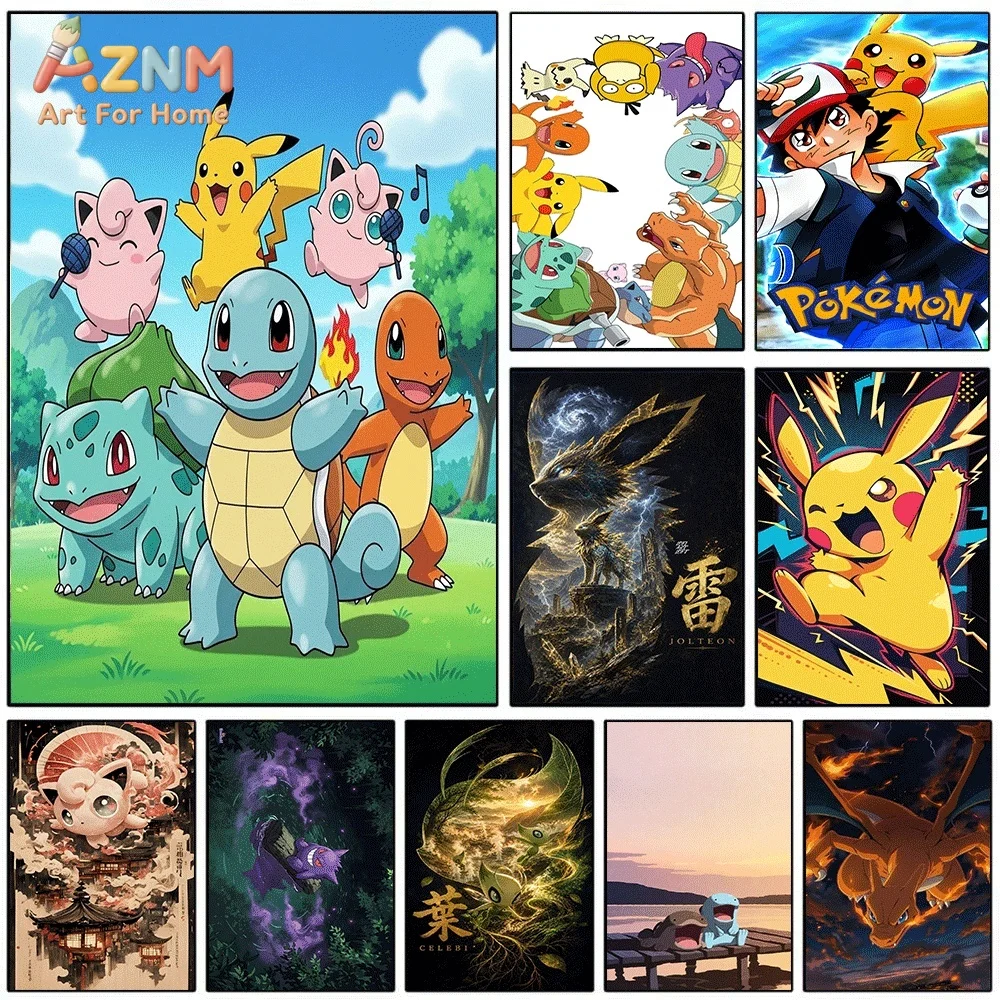 Anime Pokemon Starters Group Canvas Wall Art, Cute Pocket Monster Cartoon Frameless Canvas Painting for Kids Bedroom Living Ro