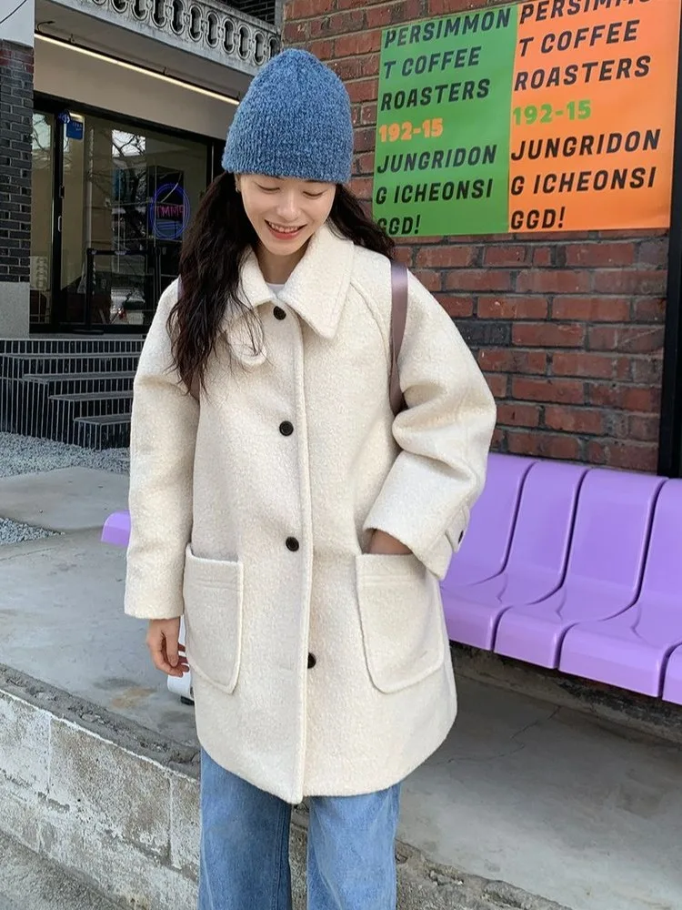 

Зимнее шерстяное пальто Thiened, женское пушистое пальто с воротником-стойкой и хлопковым наполнителем, корейское пальто средней длины Long Sve