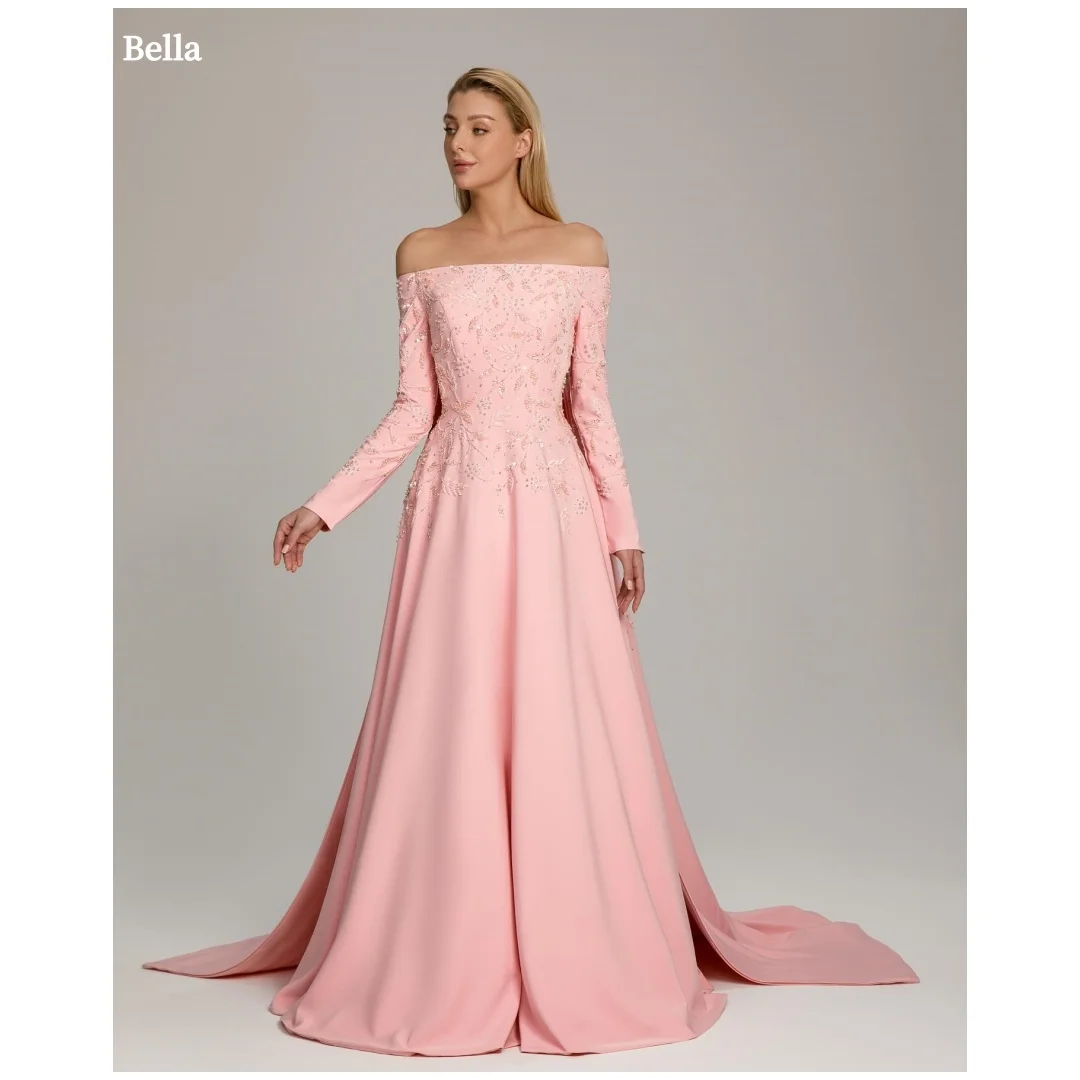 

Bella Customized Blush Pink Off-the-Shoulder Prom Dress Long Sleeves Lace Embellished Satin Ball Gown Floor-Length Train Gown