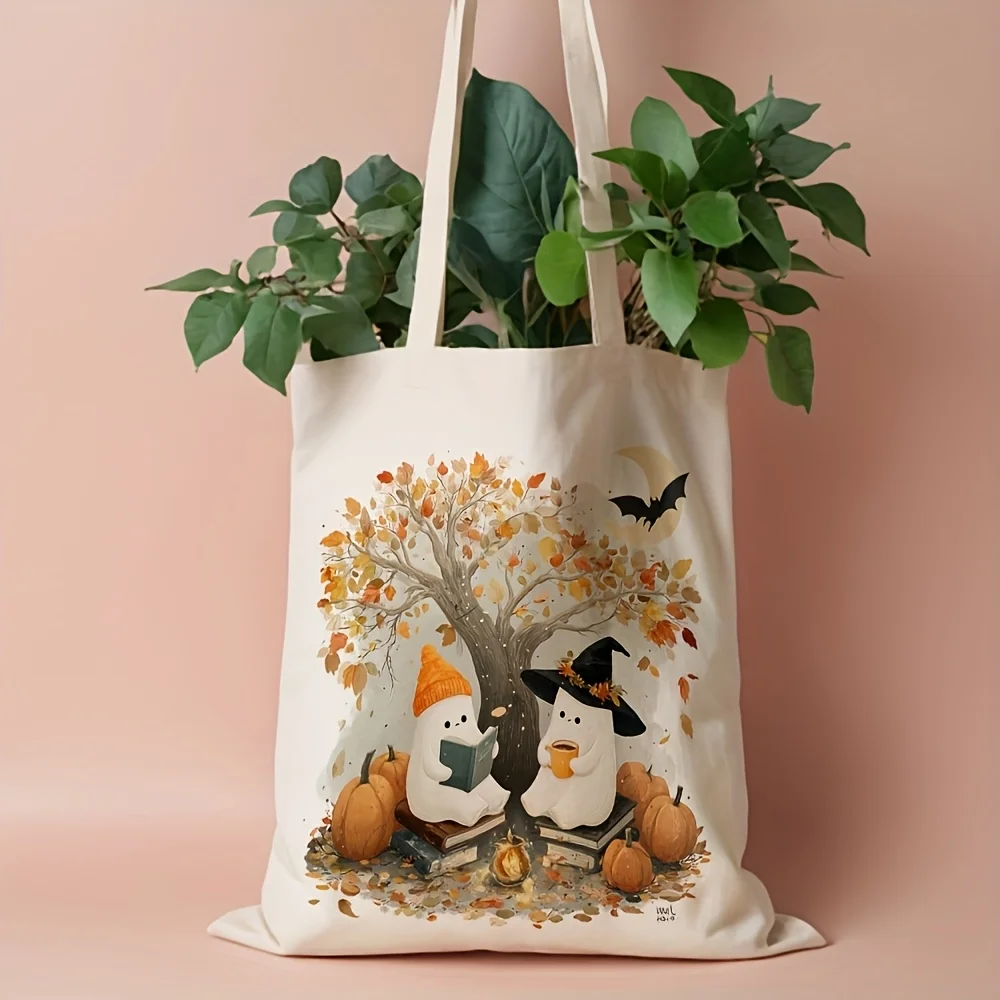 Cute Ghost Autumn Tree Canvas Tote Bag Halloween Pumpkin Bat Moon Print Large Capacity Shoulder Bag Daily Shopping Handbag