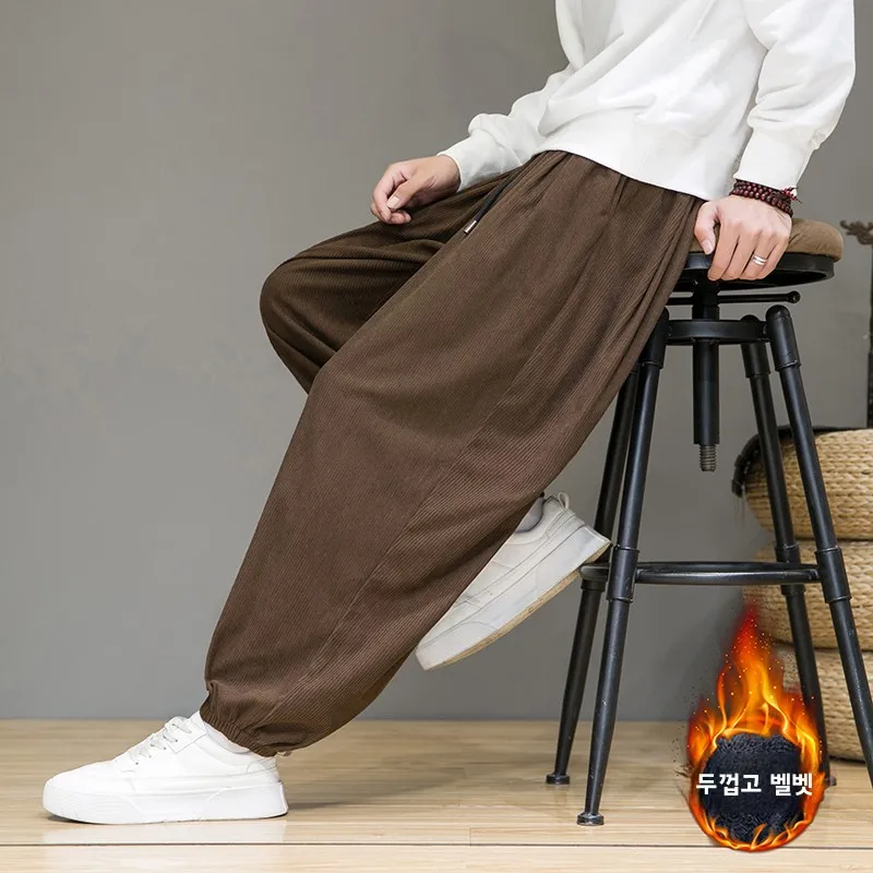 

Men's Loose Fit Fce Lined Corduroy Lantern Pants Warm Casual Trousers Zen Meditation Wear Ethnic Sle Winter Faion