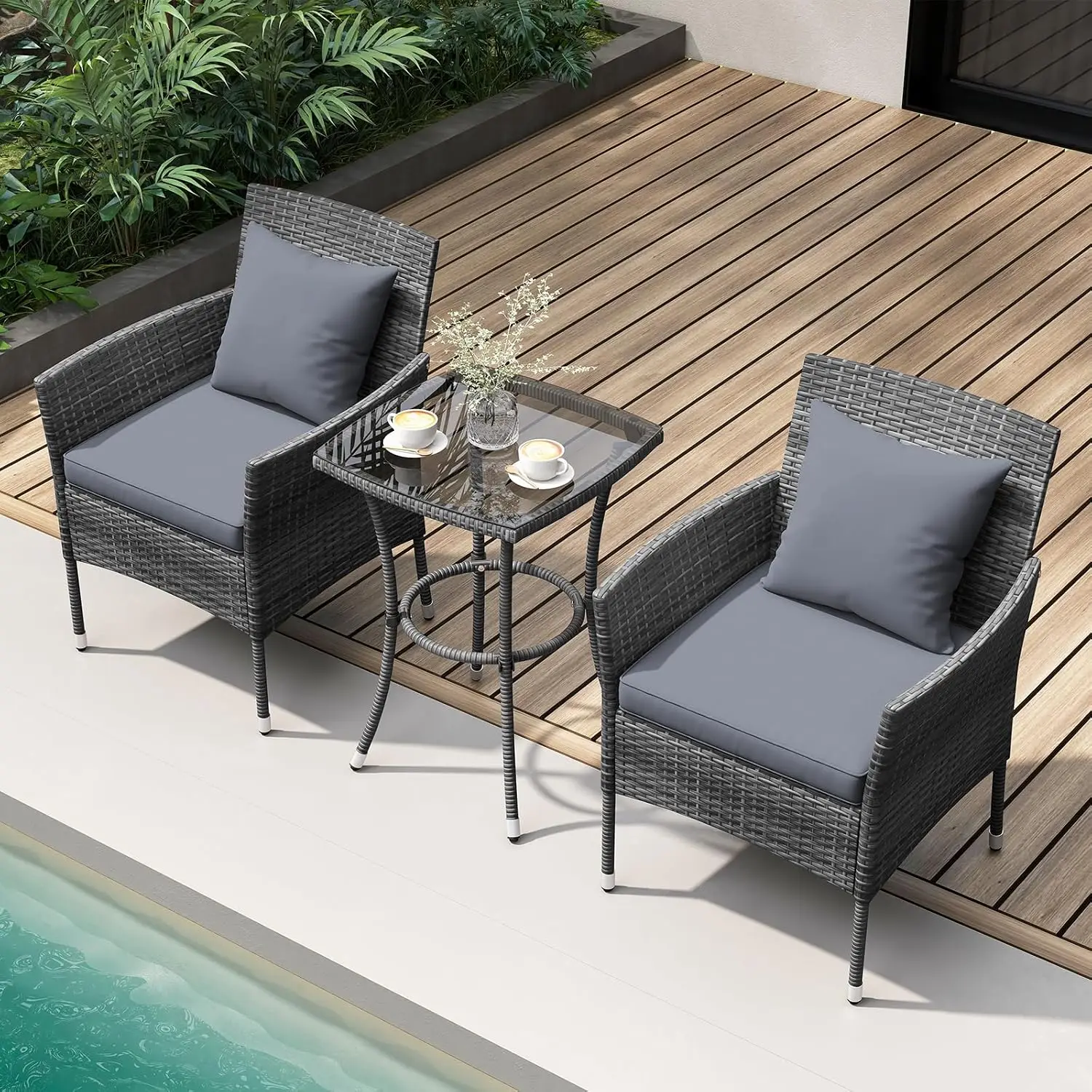 3 Pieces PE Rattan Patio Sofa Set With Tempered Glass Table & Soft Cushions For Garden Porch Balcony, Customized