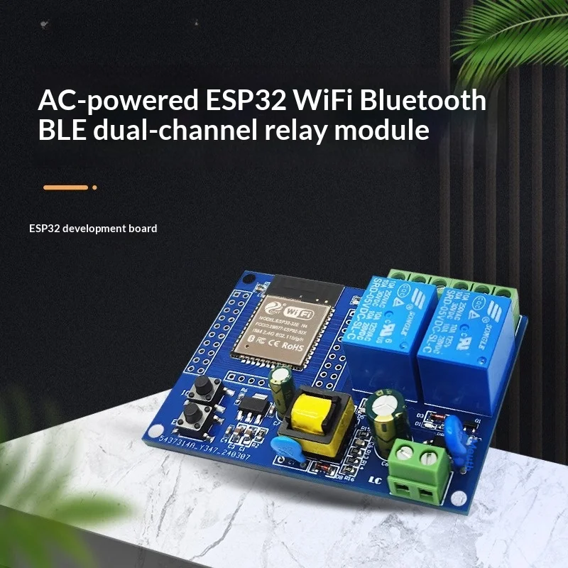 ESP32 2-Channel Wi-Fi Bluetooth Relay Board Module, AC 90-250V Power Supply, 4MB Flash, Programmable Development Board