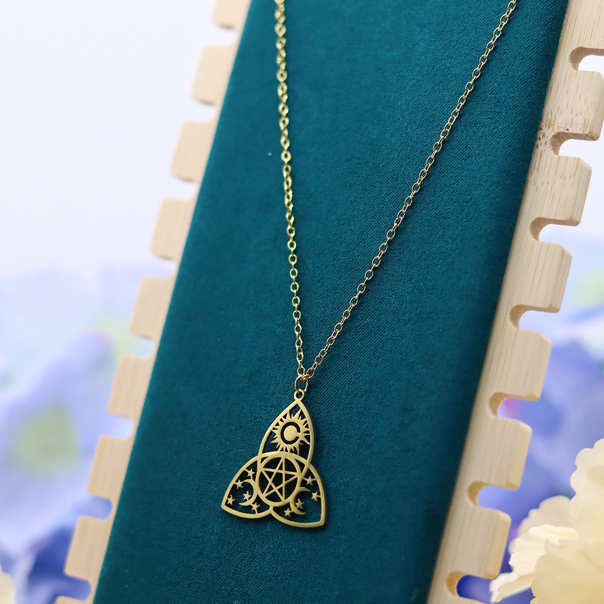 QIAMNI Stainless Steel Triple Moon Goddess Necklace Pendant Sun Star Moon Triangle Choker Protection Amulet Jewelry Neck Chain