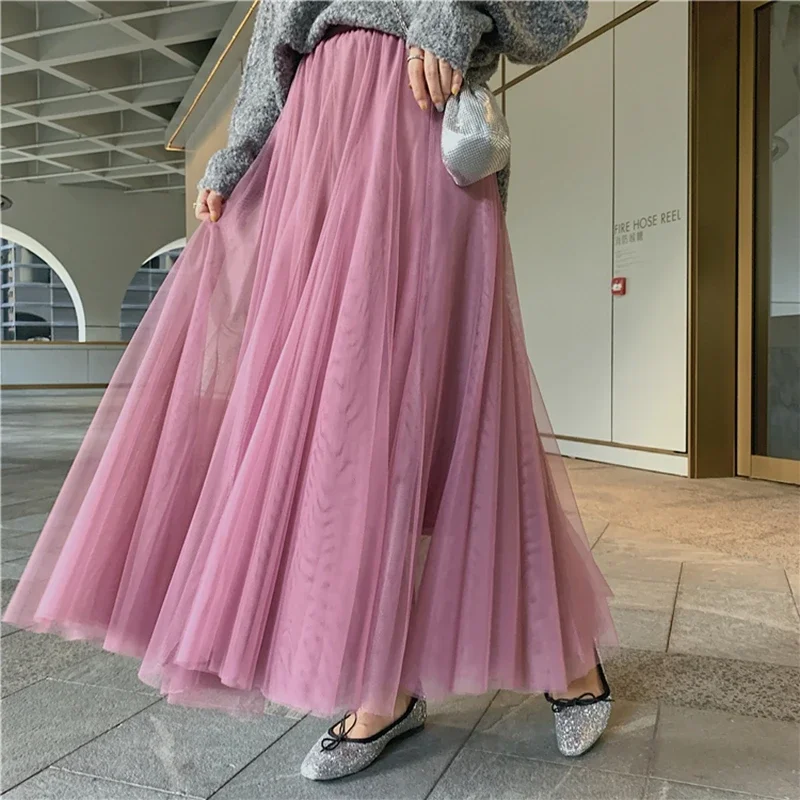 

2025 Summer Mesh Women Pleated Skirt Solid High Waist A Line Chic Retro Vintage Long Maxi Tutu Skater Holiday Beach Tulle Skirt
