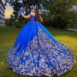 Customized Royal Blue Shiny Quinceanera Dress 2023 Lace Appliques Beads Ball Gown Off Shoulder Vestidos De 15 Quinceañera YQD493