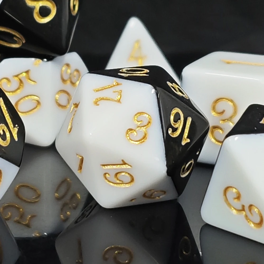 Flash Sale 7PCS Black White Two-Tone Polyhedral Dice Set with Gold Numbers, Complete D4-D20 DND Dice for RPG MTG Tabletop Game