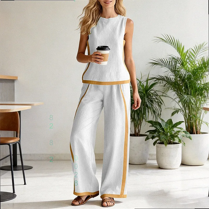 Cross-Border Fashion 2-Piece Matching Set Sleeveless Top Contrast Wide-Leg Pants Casual Linen Outfit for Women