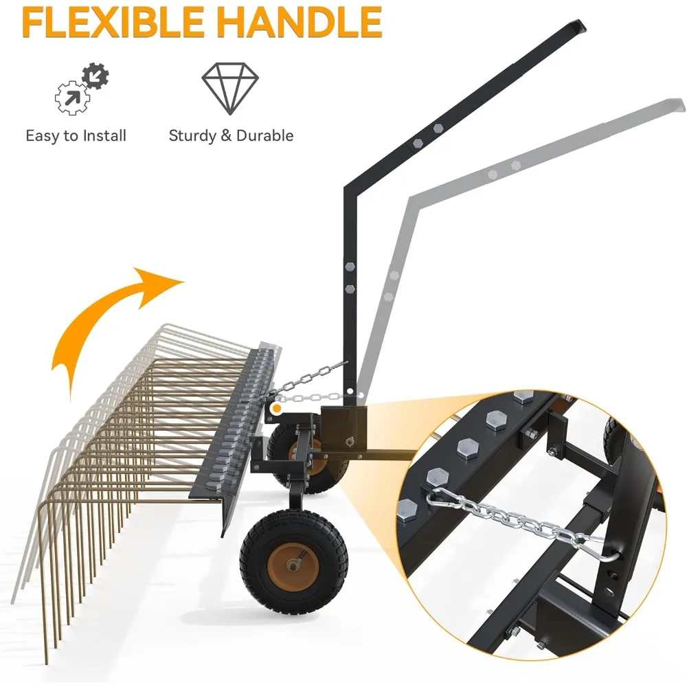 60 Pine Needle Rake Tow Behind, Lawn Tractor Straw Rake Fit for ATV, 24 Tines, Black&Gold