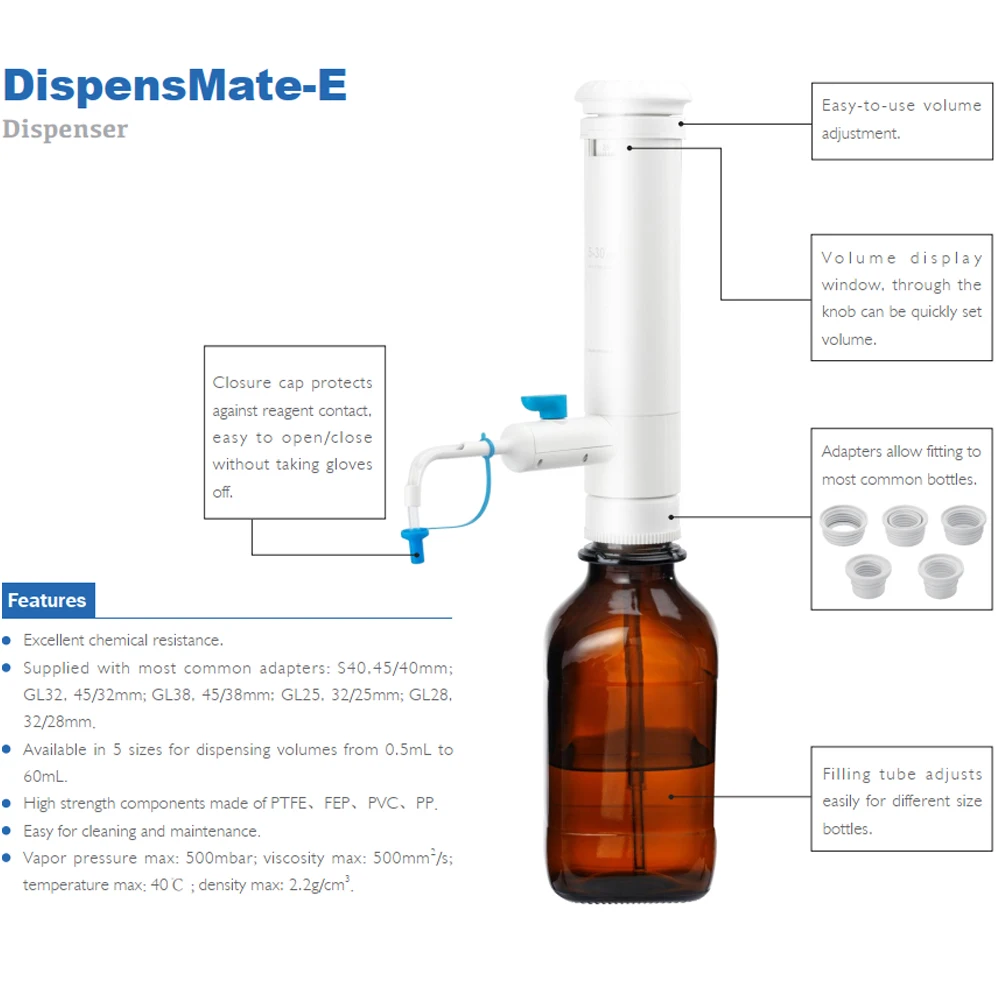 Dispensmate-E Volume 0.5-60ml Laboratuid Pipette Dispensador De Botellas Large Capacity Digital Bottle Top Dispensersory Liquid