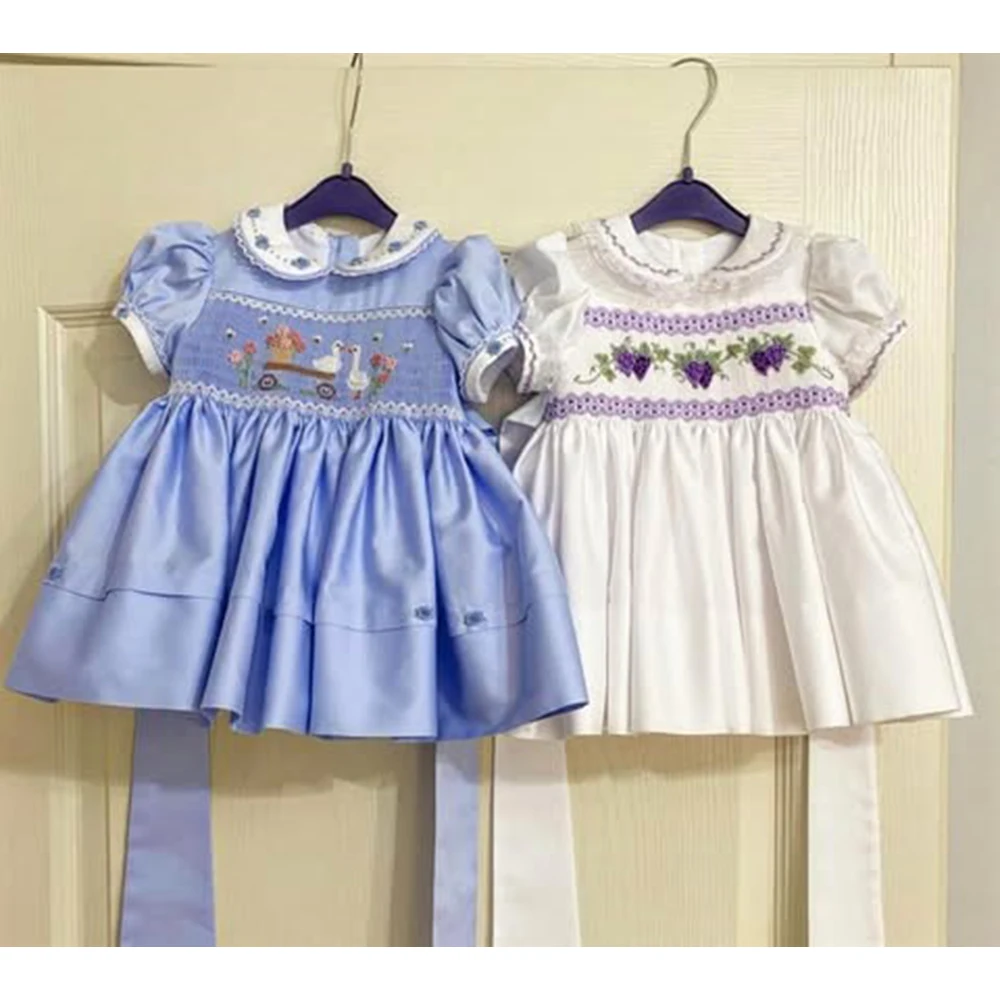 0-6Y Baby Girl Summer Light Blue Handmade Embroidery White Smocked Dress for Eid Birthday Party Holiday Photography Casual A333