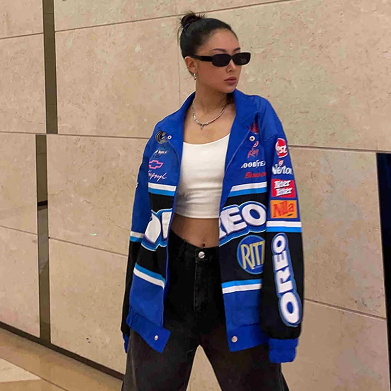 2024 Women Oversized Jackets Print Baseball Female Gothic Unisex Race Jacket Hip Hop Streetwear Y2K Top Harajuku Female Autumn