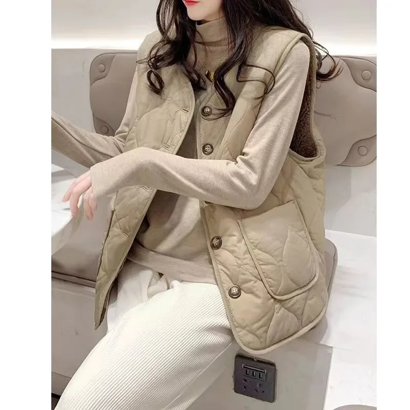 Autumn Winter New Quilted Lamb Wool Down Cotton Waistcoat Female Warm Two-sided Two Ways To Wear Simple Clip Waistcoat Women