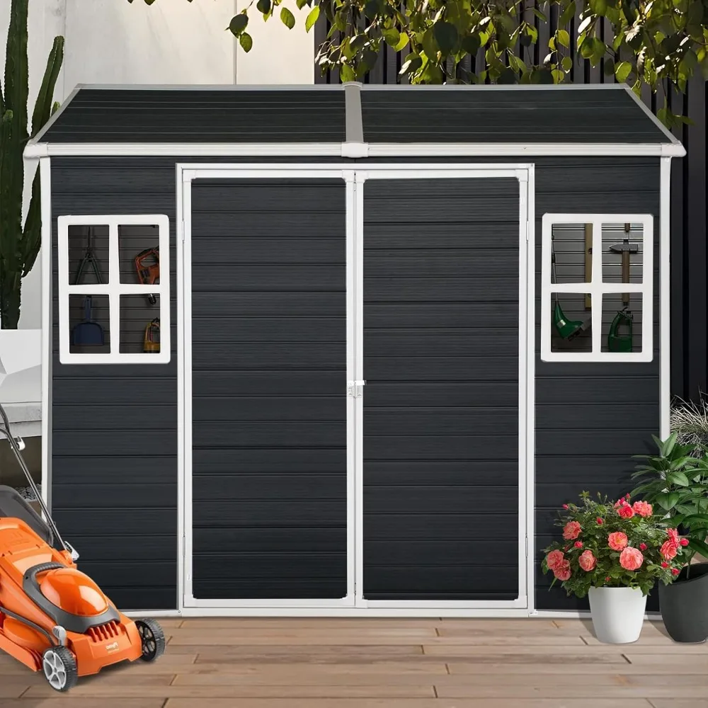 8x6 feet outdoor resin storage shed, including flooring, plastic, with 2 windows and lockable doors. Outdoor resin storage shed