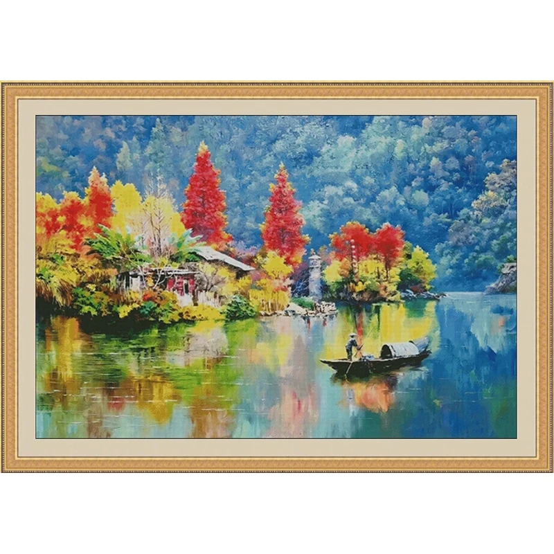 

ZZ5558 Lake Autumn Colors 14CT 16CT Printed On Canvas Cross Stitch DIY Set Needlework Embroidery 238 Colors
