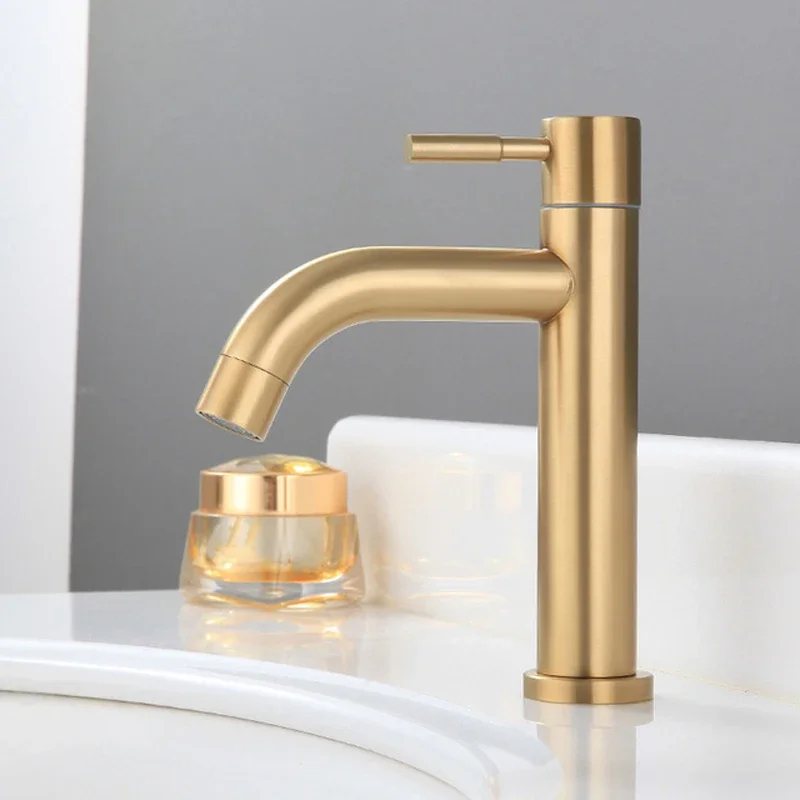 304 Stainless Steel Bathroom Basin Faucet Brushed Gold Single Cold  Sink Tap   Handle