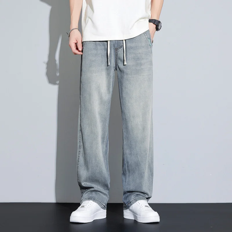 男性用軽量リヨセルワイドレッグジーンズ、カジュアルパンツ、夏