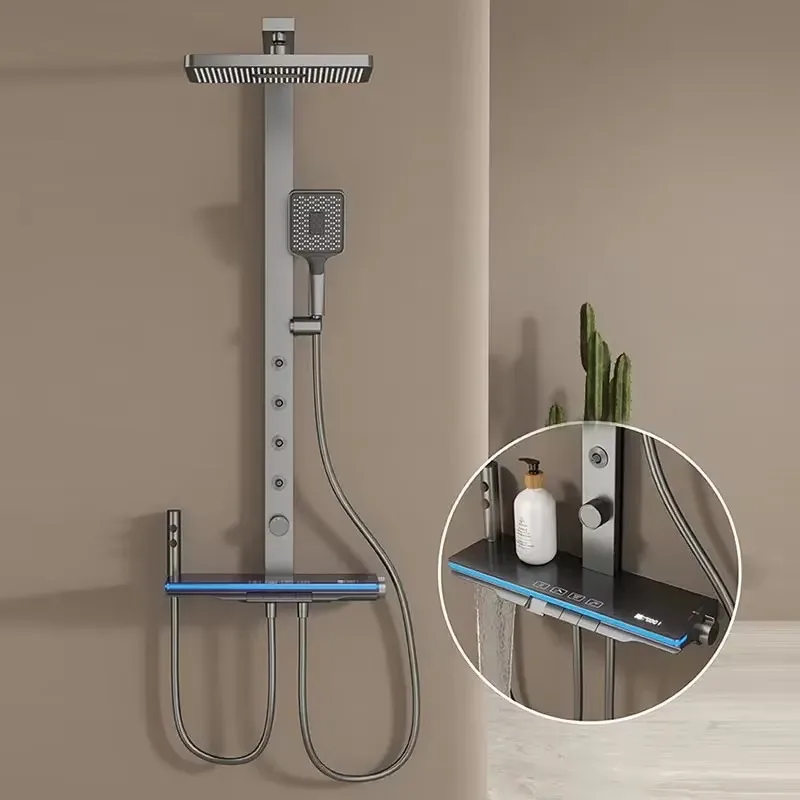 【2026】Digital Display Shower Set Bathroom Ambient Light Five-Function Back Spray Shower Faucet Gray Shower System Package
