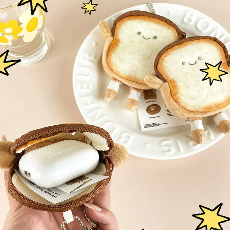 1 Cute Toast-Shaped Coin Purse with Keychain Pendant (Without Key Ring) - Lightweight, Backpack Accessory, Zipper Earphone and Small Item Storage Bag
