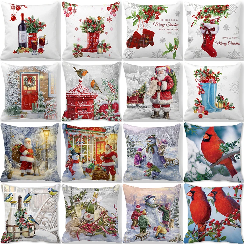 

Christmas Decor Cushion Cover 45x45cm Pillowcases Santa Claus Snowman Robin Printed Pillow Cover Home Decorations for Christmas