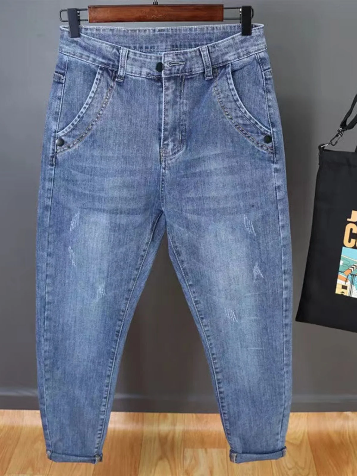 

Japanese Sle Men's Loose Fit Nine-Tenths Harem Jeans Spring Autumn Slimming Tapered Youthful Dad Pants Regular Thin