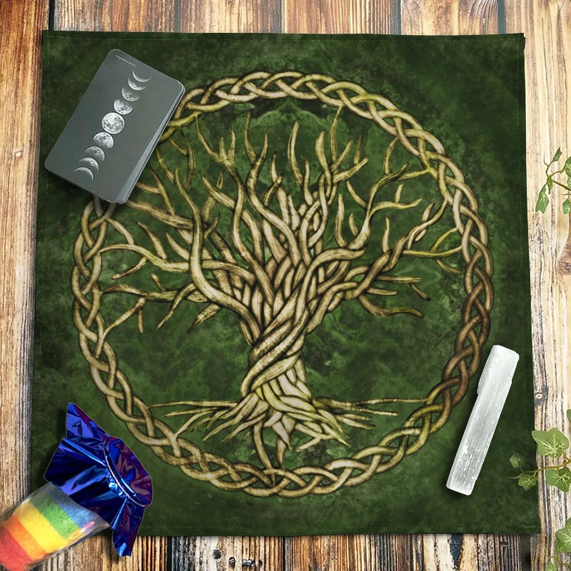 Green Tree Of Life Yggdrasil Tarot Tablecloth Velvet Altar Cloth Oracle Card Pad Witchcraft Astrology Spiritual Crystal Pendulum