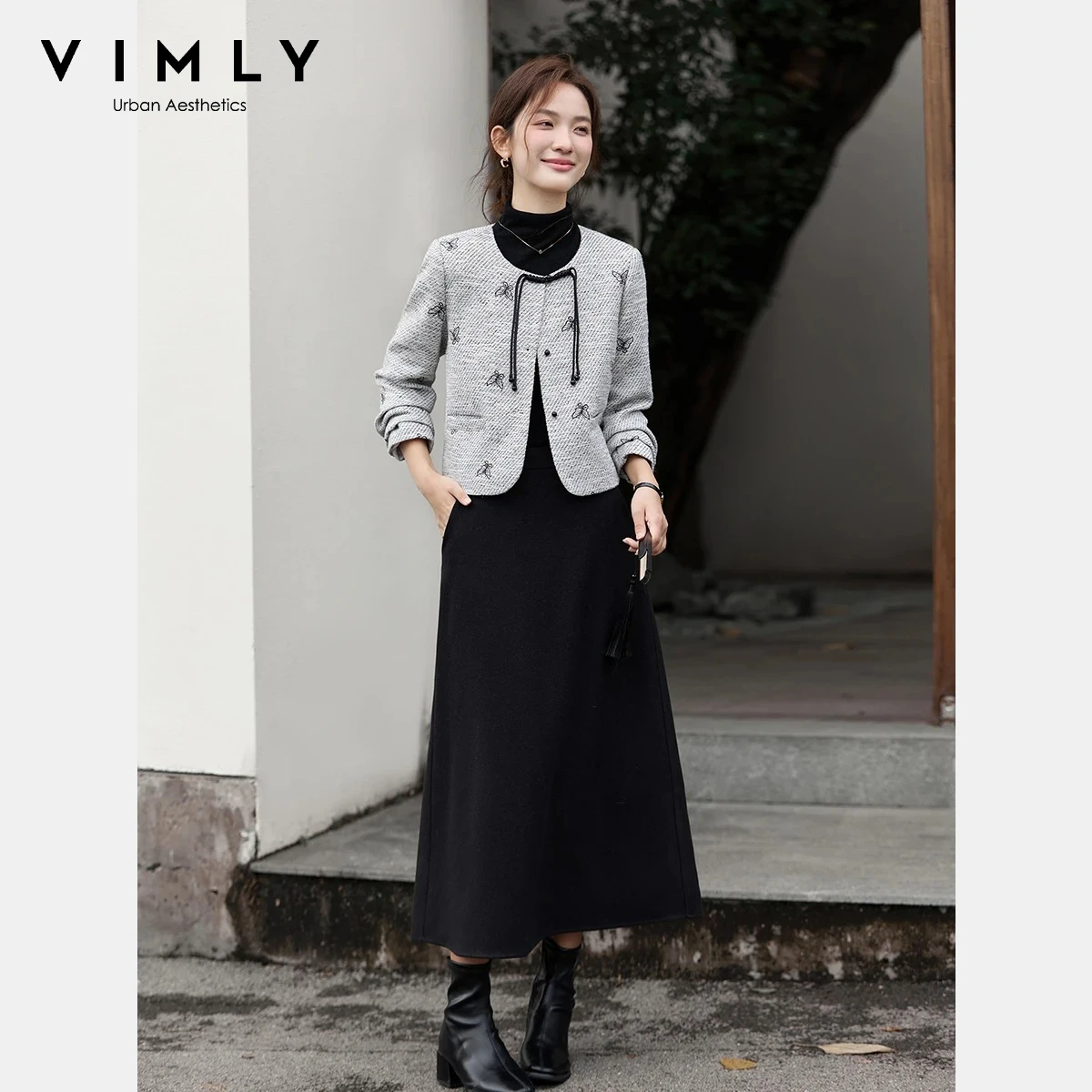 VIMLY Women's Skirt Suit Chinese Style Winter 2025 Black Butterfly Embroidery Top A-line Long Skirt Ladies Sets Two Pieces A2908