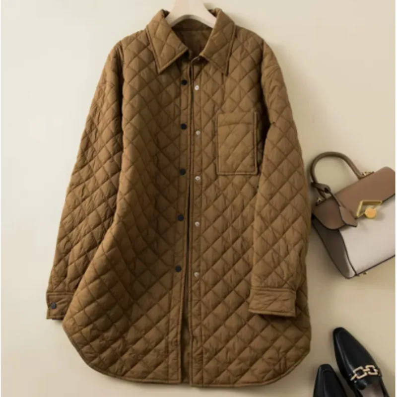 

Padded Jacket Winter Clothes Women Solid Color Lapel Casual Outerwear Loose Rhomboid Cotton Coat Long Sleeve Abrigo Mujer